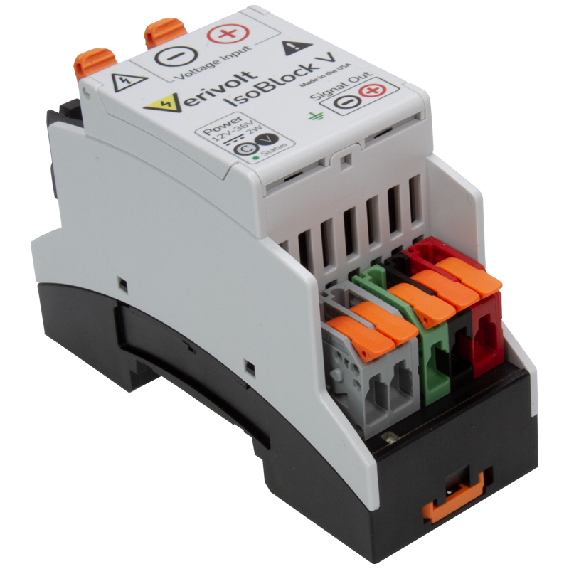 Verivolt's Isoblock V-1c voltage sensor with galvanic isolation side view showing output signals