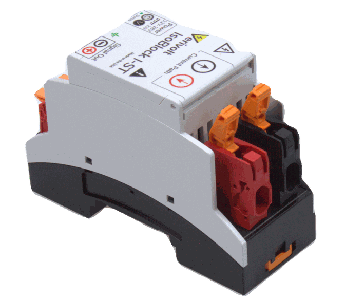Front view of IsoBlock I-ST-1c by Verivolt, isolated current sensor with DIN Rail