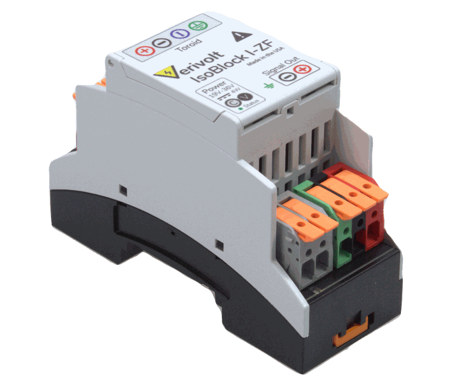 Verivolt's IsoBlock I-ZF Zero Flux  current sensor with three-way galvanic isolation showing front angle view