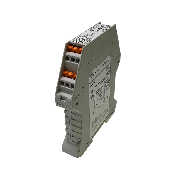 Front view of IsoFlex V by Verivolt, three-way galvanic isolation module for flexible voltage and output configuration.
